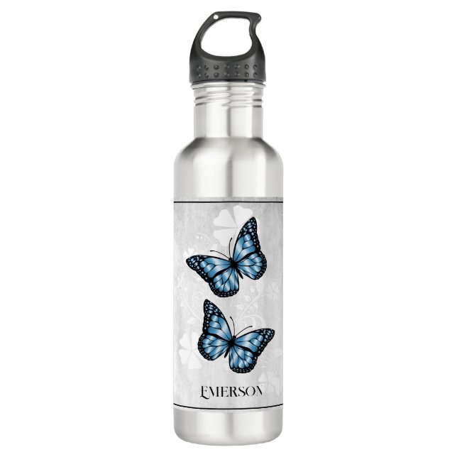 Blue Butterfly Floral Personalized 710 Ml Water Bottle (Front)