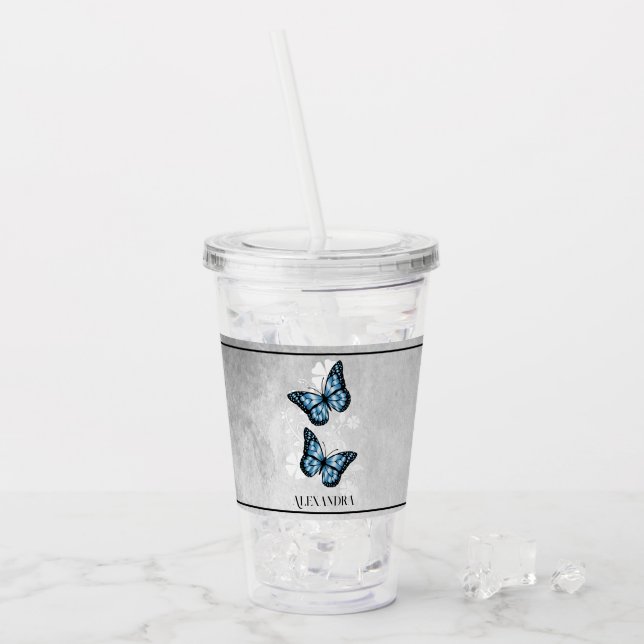 Blue Butterfly Floral Personalized Acrylic Tumbler (Front Ice)