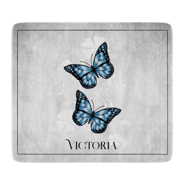Blue Butterfly Floral Personalized Cutting Board (Front)