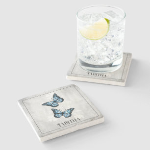 Blue Butterfly Floral Personalized Stone Coaster