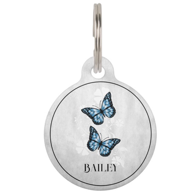 Blue Butterfly Floral Round Pet Tag (Front)
