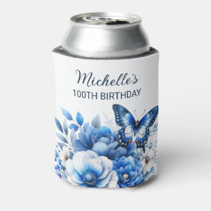 Blue Butterfly Flowers Elegant 100th Birthday Can Cooler