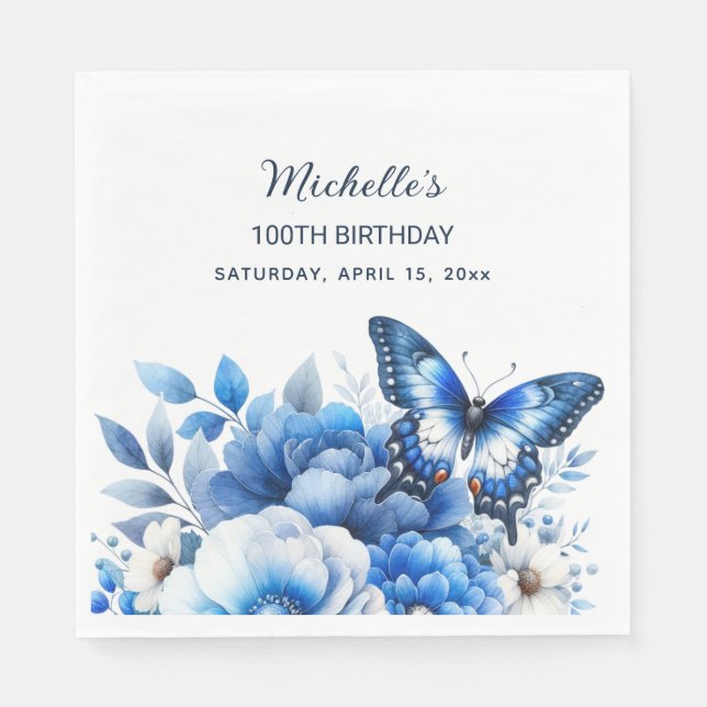 Blue Butterfly Flowers Elegant 100th Birthday Napkin (Front)
