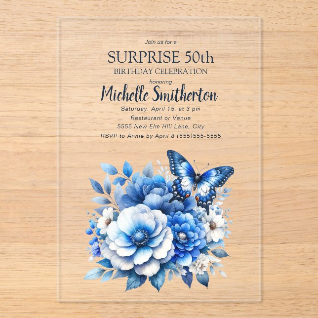 Blue Butterfly Flowers Surprise 50th Birthday Acrylic Invitations (Front)