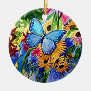 Blue Butterfly Garden watercolor Ceramic Ornament