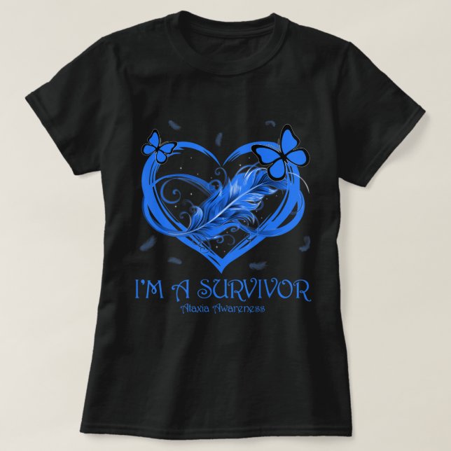 Blue Butterfly Heart I'm A Survivor Ataxia Awarene T-Shirt (Design Front)
