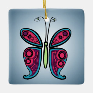 Blue butterfly illustration ceramic ornament