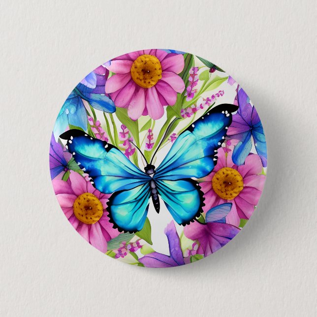 Blue Butterfly In a Field of Flowers 2 Inch Round Button (Front)