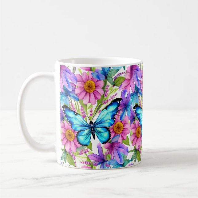 Blue Butterfly In a Field of Flowers Coffee Mug (Left)