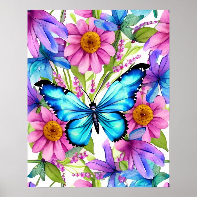 Blue Butterfly In a Field of Flowers Poster (Front)