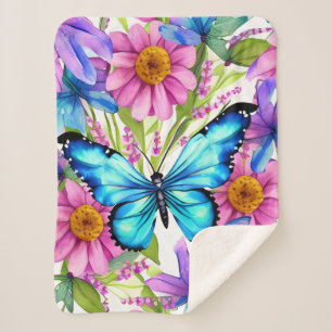 Blue Butterfly In a Field of Flowers Sherpa Blanket