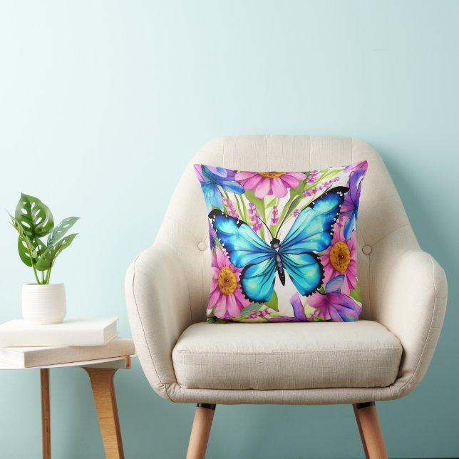 Blue Butterfly In a Field of Flowers Throw Pillow (Chair)
