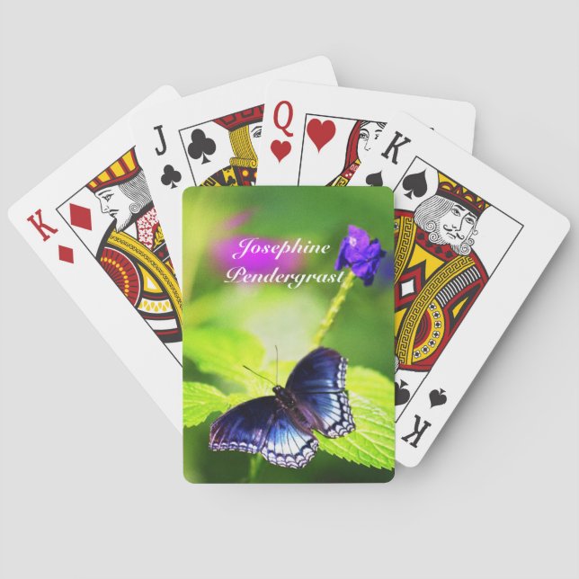 Blue Butterfly in floral setting Personalize Name Playing Cards (Back)