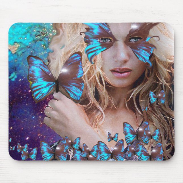 BLUE BUTTERFLY IN TEAL GREEN GOLD SPARKLES MOUSE PAD (Front)