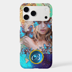BLUE BUTTERFLY LADY,TEAL GOLD SPARKLE GEM MONOGRAM