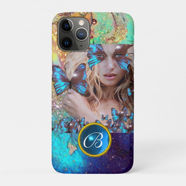 BLUE BUTTERFLY LADY,TEAL GOLD SPARKLE GEM MONOGRAM Case-Mate iPhone CASE (Back)