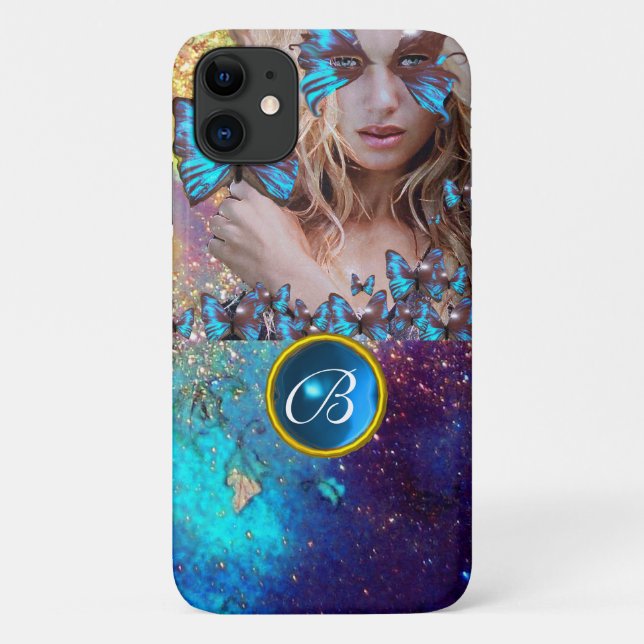 BLUE BUTTERFLY LADY,TEAL GOLD SPARKLE GEM MONOGRAM Case-Mate iPhone CASE (Back)