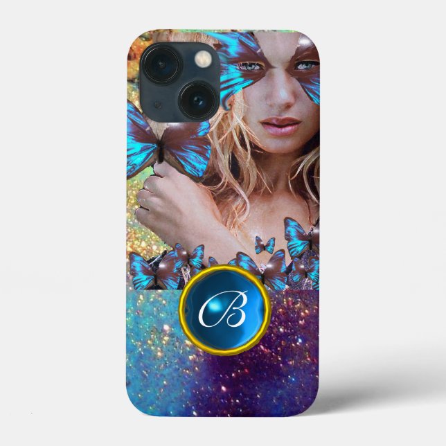 BLUE BUTTERFLY LADY,TEAL GOLD SPARKLE GEM MONOGRAM Case-Mate iPhone CASE (Back)
