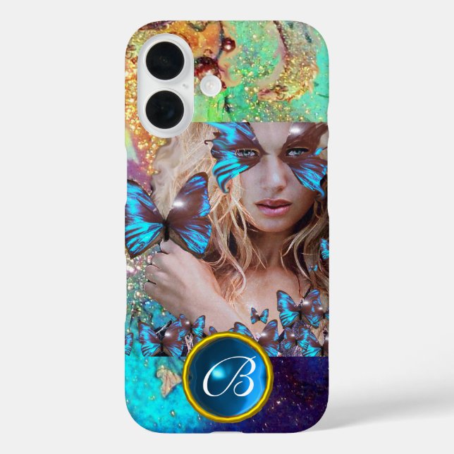 BLUE BUTTERFLY LADY,TEAL GOLD SPARKLE GEM MONOGRAM Case-Mate iPhone CASE (Back)
