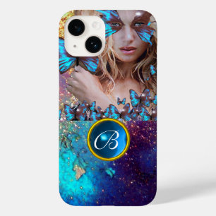 BLUE BUTTERFLY LADY,TEAL GOLD SPARKLE GEM MONOGRAM Case-Mate iPhone 14 CASE