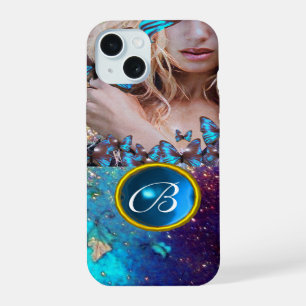 BLUE BUTTERFLY LADY,TEAL GOLD SPARKLE GEM MONOGRAM iPhone 15 CASE