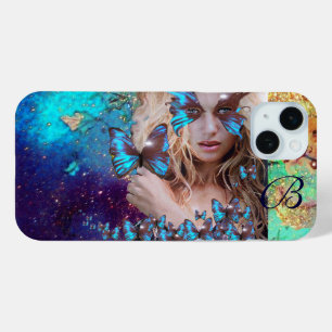 BLUE BUTTERFLY LADY ,TEAL GOLD SPARKLES MONOGRAM iPhone 15 MINI CASE