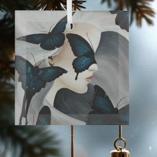 Blue Butterfly Masquerade Elegant Fantasy Glass Ornament