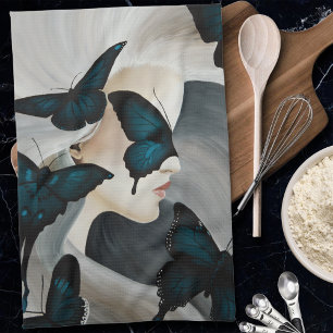 Blue Butterfly Masquerade Elegant Fantasy  Kitchen Towel