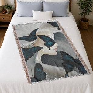 Blue Butterfly Masquerade Elegant Fantasy Throw Blanket