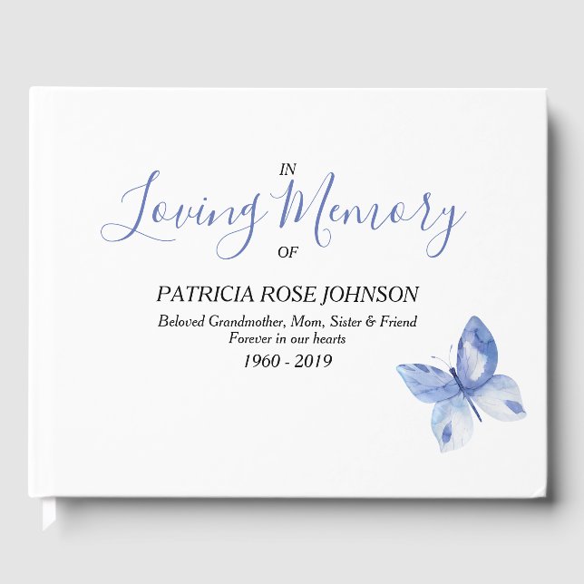 Blue Butterfly Memorial Funeral Remembrance Guest Book (Front)