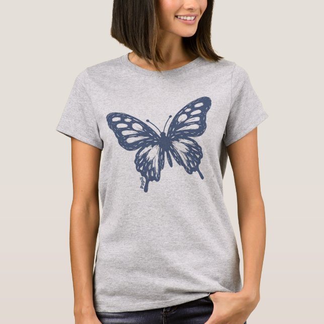 Blue Butterfly Minimal Nature Art by Papil T-Shirt (Front)