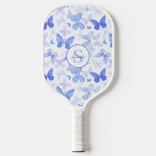 Blue Butterfly Monogram Name Pickleball Paddle (Front)