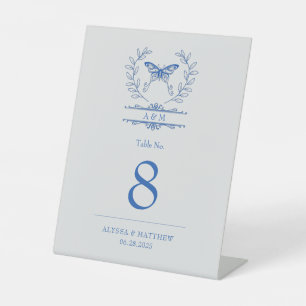 Blue Butterfly Monogram Wedding Table Number Pedestal Sign