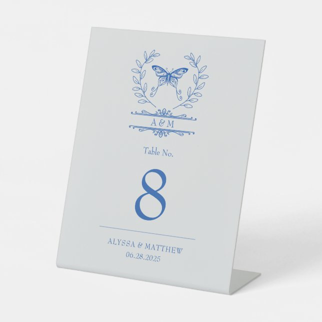 Blue Butterfly Monogram Wedding Table Number Pedestal Sign (Front)