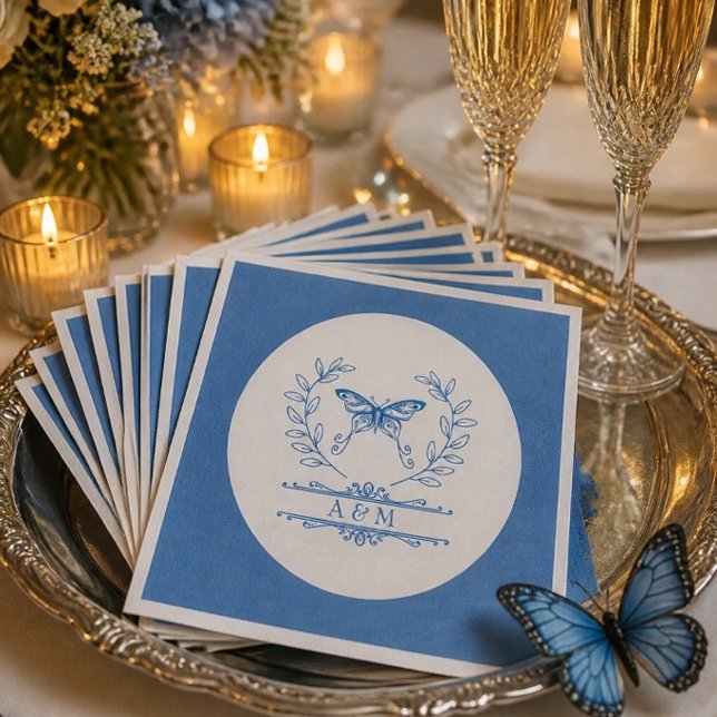 Blue Butterfly Monogrammed Wedding Paper Napkin (Creator Uploaded)
