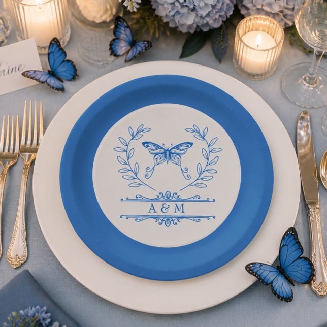 Blue Butterfly Monogrammed Wedding Plate (Creator Uploaded)