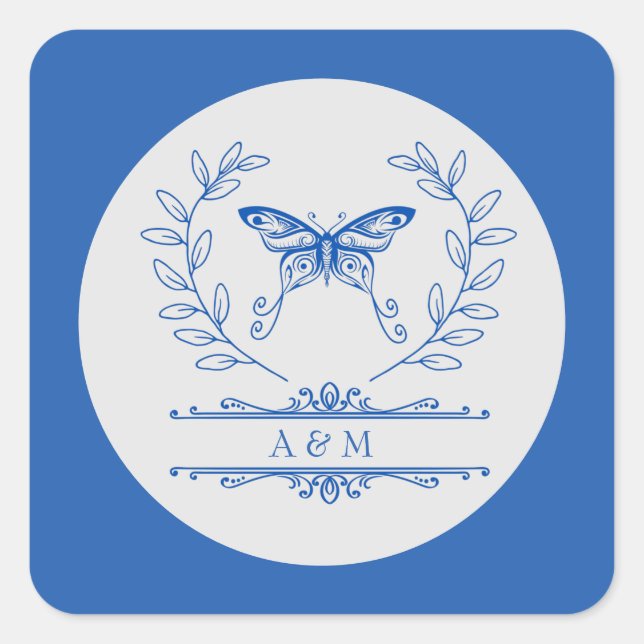 Blue Butterfly Monogrammed Wedding Sticker (Front)
