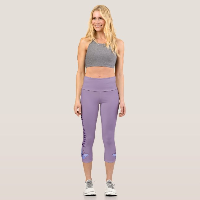 Blue Butterfly - Name - Solid Violet  Capri Leggings (Front)