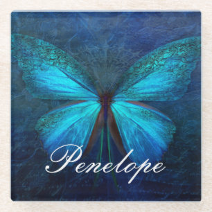Blue Butterfly of Joy & Luck Glass Coaster