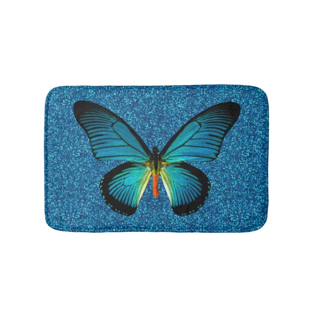 Blue Butterfly On Blue Glitter Bath Mat (Front)