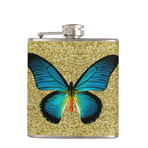 Blue Butterfly On Gold Glitter Flask