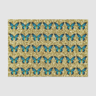 Blue Butterfly On Gold Glitter Tissue Paper