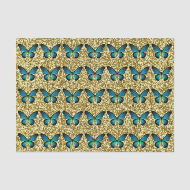 Blue Butterfly On Gold Glitter Tissue Paper (Front)