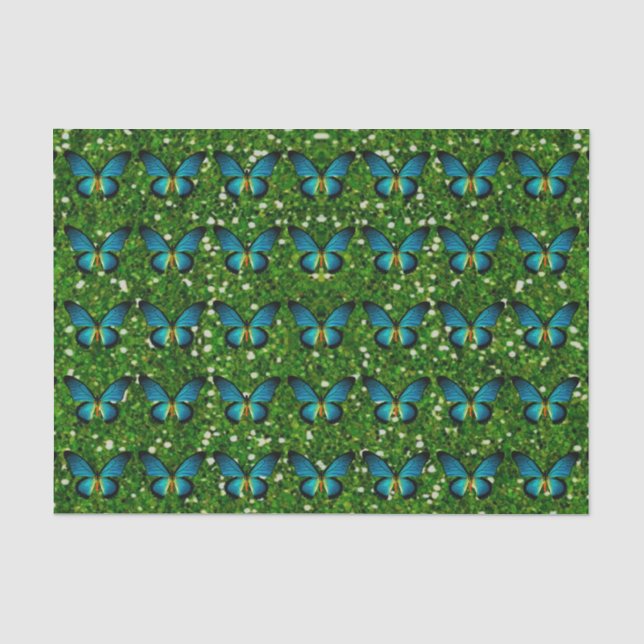 Blue Butterfly On Green Glitter Tissue Paper (Front)