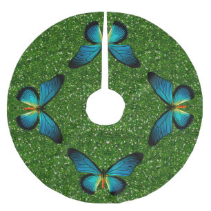 Blue Butterfly On Green Glitter Tree Skirt