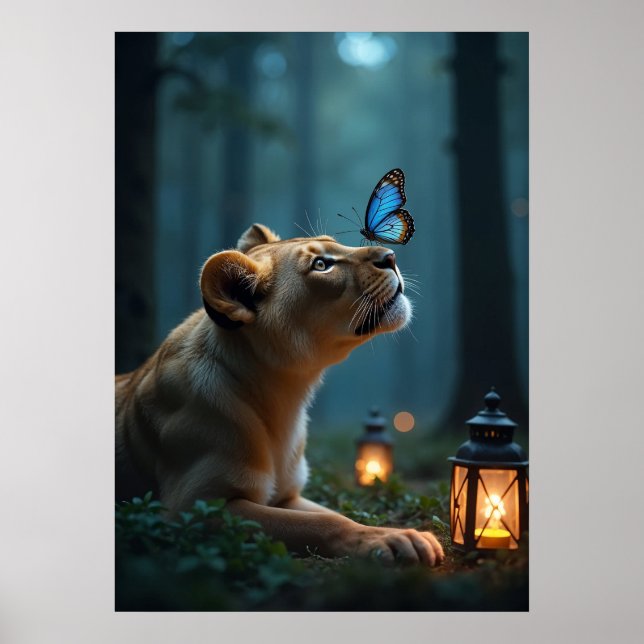 Blue Butterfly on Lion's Nose in Mystical Forest Poster (Front)