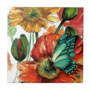 Blue Butterfly on Poppies Tile