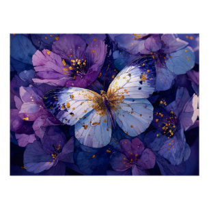 Blue Butterfly on Purple Flowers Poster