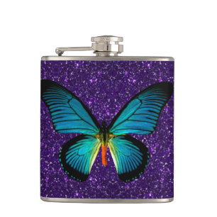 Blue Butterfly On Purple Glitter Flask