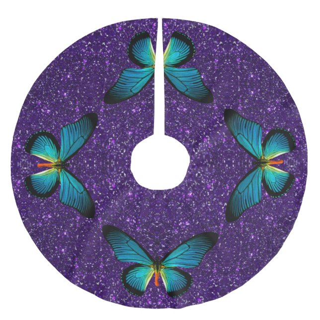 Blue Butterfly On Purple Glitter Tree Skirt (Front)